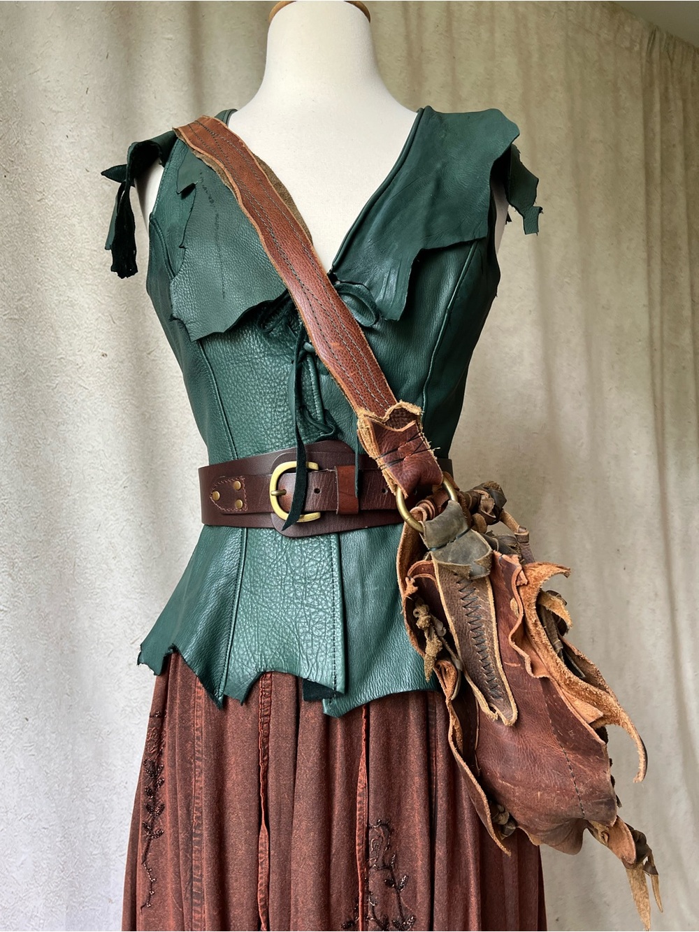 Handmade Raw Hide 100% Buckskin Leather Blouse With Lace Up Detail in Green